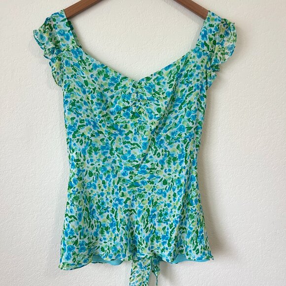 Ann Taylor Top Womens 14 Blue Green Floral Ruffle Sleeveless Silk Career Tank - Picture 1 of 9